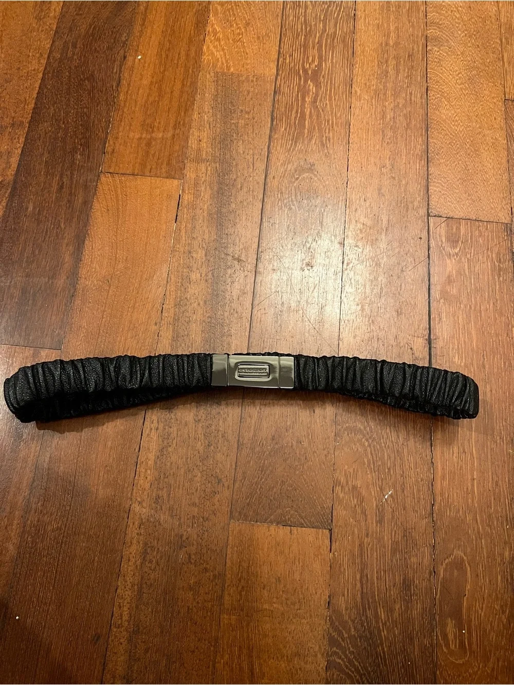 Vintage Burberry Black Gathered Leather Belt with Gunmetal Plaque Buckle